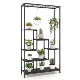 6-Tier Tall Plant Stand 71" Metal Indoor Plant Shelf with 10 Hanging Hooks (Color: nan)